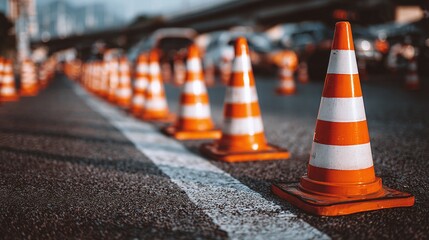 Road work ahead with traffic cones guiding cars. Safety measures in place. Caution and slow down, construction zone, lane closure, road maintenance
