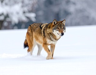Fototapeta premium Majestic wolf strolls through snowy landscape