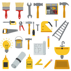 Collection of Hand Tools and DIY Supplies in Bright Colors for Home Improvement Projects