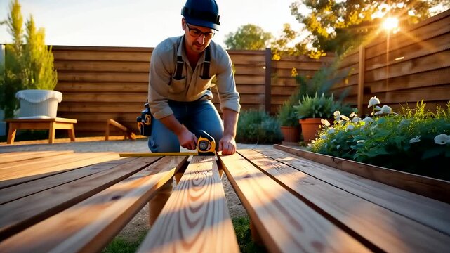 Man building wooden deck in backyard garden during sunny day using tools and measuring planks for outdoor construction
