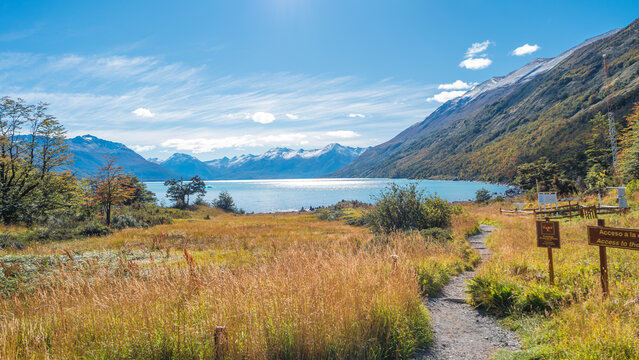 Panoramic over Cana de los Tempanos, Icebergs Lagoon, near Perito Moreno glacier in Patagonia with blue sky and turquoise water glacial lagoon, South America, Argentina