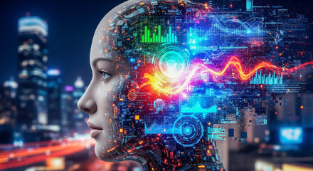 Artificial intelligence concept with cyborg head and futuristic city background, big data technology showing machine learning process for smart city or network innovation