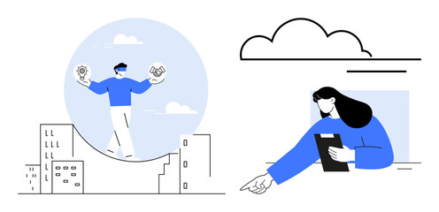 Person balancing gears and charts above cityscape, symbolizing tech and creativity. Woman with tablet points to collaboration and cloud concepts. Ideal for teamwork, productivity, technology