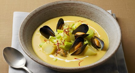 Creamy Seafood Soup with Mussels, Potatoes and Leeks in Rustic Bowl