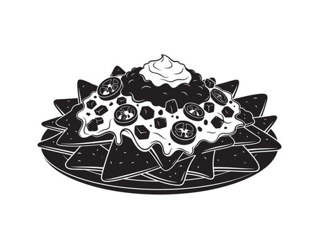 black and white nachos with toppings on plate clip art preview