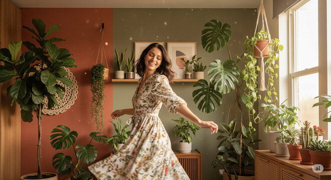 Happy woman dancing in cozy home interior with many plants, beautiful carefree female in white floral dress enjoying slow living for lifestyle or wellbeing concept - Powered by Adobe