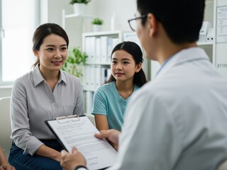 Obraz premium A male doctor in a white coat consults with an attentive mother and her daughter in a clinic, holding a clipboard with documents.