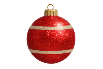 Red christmas ball with gold stripes and glitter hanging, perfect for holiday projects, with transparent background