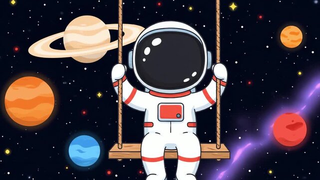 Chibi Astronaut on Swing with Planets in Outer Space - AI Generated