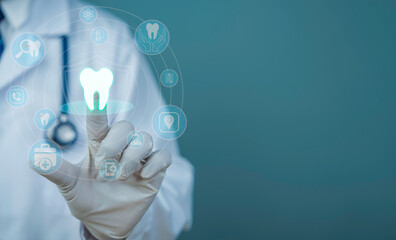 Dentist using digital dental interface with tooth icon medical technology innovation virtual healthcare system