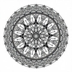 Minimilist detailed circular mandala design with intricate floral and leaf patterns in black and white style art vector