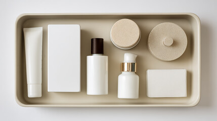 Luxury white cosmetic set neatly arranged in a beige tray, minimalistic flat lay on a pure white background