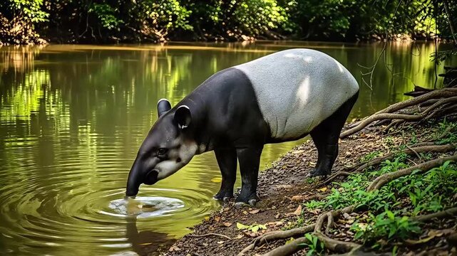 Tapir drinking water in a rainforest riverbank.