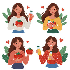 Young Woman Holding Tomato and Juice Bottle in Colorful Casual Outfits