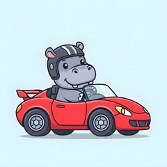 Cute hippo driving a sports car