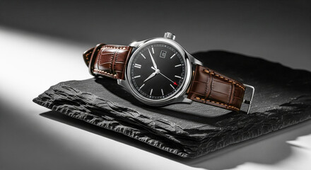 Luxury men's watch with black dial and brown leather strap, classic analog wristwatch on black slate stone, elegant male accessory