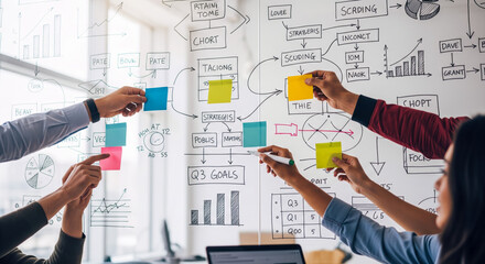 Business team collaborating on glass whiteboard, diverse group of people planning quarterly goals with sticky notes and flowcharts in modern office.