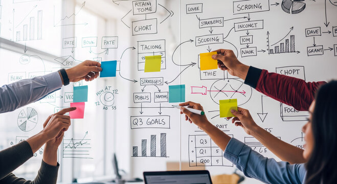 Business team collaborating on glass whiteboard, diverse group of people planning quarterly goals with sticky notes and flowcharts in modern office.