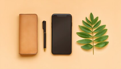 Beige leather wallet, black phone, green leaf, and pen on pastel background. Flat lay
