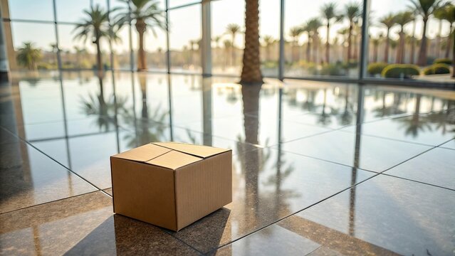 Cardboard box left in a modern lobby with palm tree reflections