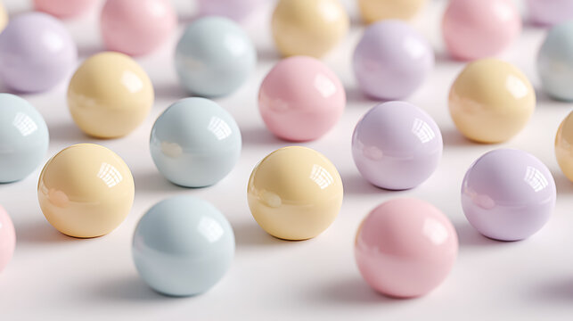 Minimalist arrangement of pastel-colored spheres aligned in a clean geometric grid on a white background