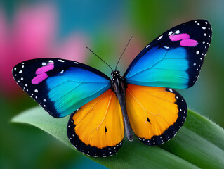 Fototapeta premium delicate macro shot of a vibrant butterfly with intricate wing patterns resting on a colorful flower