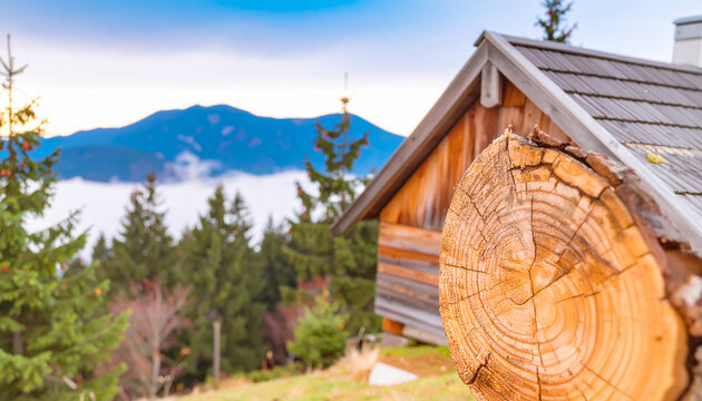 Rustic wooden cabin nestled in misty mountain forest landscape image - Powered by Adobe