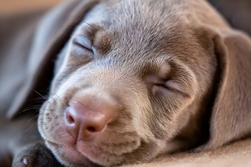 Sleeping grey puppy on soft blanket.