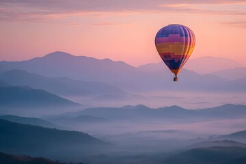 Fototapeta premium Colorful hot air balloon floats above misty mountains at sunrise.