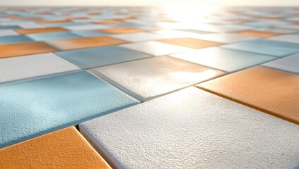 Close-up view of a patterned tile floor, in shades of orange, light blue, and white, with sunlight reflecting