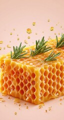 Honeycomb block with rosemary sprigs, honey droplets