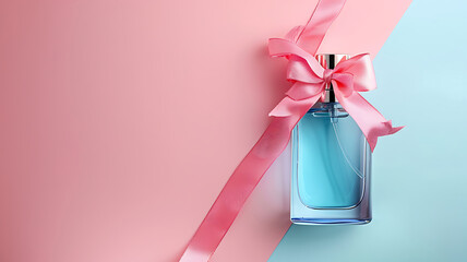 Elegant blue perfume bottle with a pink ribbon against a soft pastel background for beauty and fragrance.