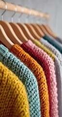 Row of colorful sweaters on wooden hangers