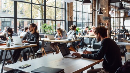 A bustling coworking space with modern desks, people working on laptops, and large windows letting in natural light