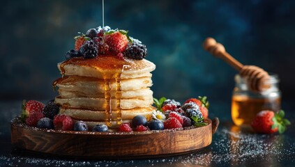 Stack of pancakes topped with fresh berries and honey drizzle