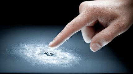 Focused finger touching digital screen with glowing cryptocurrency symbol. Future technology for online payment and finance