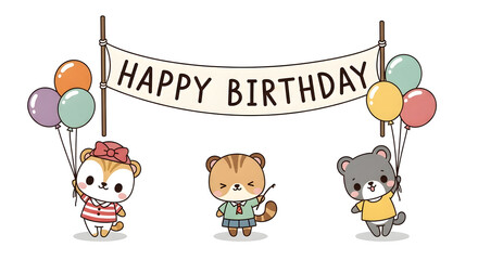 Fototapeta premium Cute Cartoon Animals Holding Balloons with Happy Birthday Banner Illustration