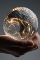 A hand holds a glowing, detailed globe, focusing on Africa