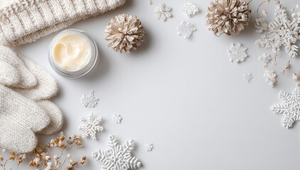 Winter skincare essentials on white