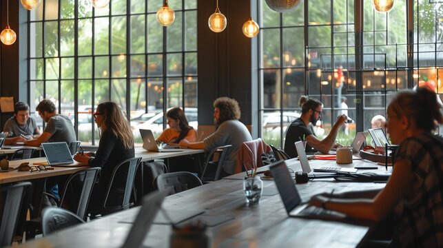 A bustling coworking space with modern desks, people working on laptops, and large windows letting in natural light