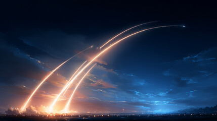 Intense missile intercept explosion in night sky. powerful defense system launches against powerful attack during war