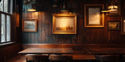 A blank picture frame hanging on the old textured wooden wall in a cosy old english or irish pub