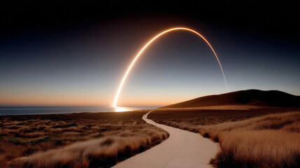 Awe inspiring rocket launch light trail arcing over dark landscape. long exposure of missile power across sky at dusk