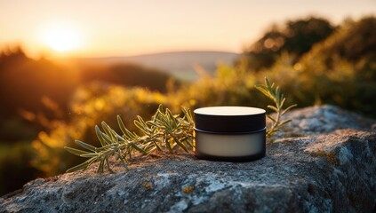Cream jar atop stone at sunrise. Lush greenery surrounds