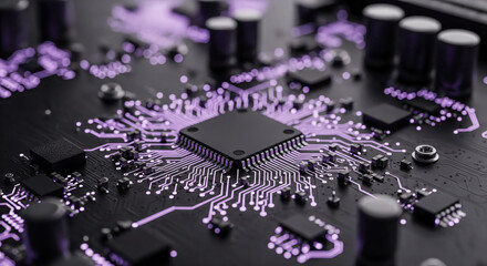 Purple circuit board with glowing processor and futuristic neon tracks, abstract technology background for creative digital projects and modern hardware engineering theme