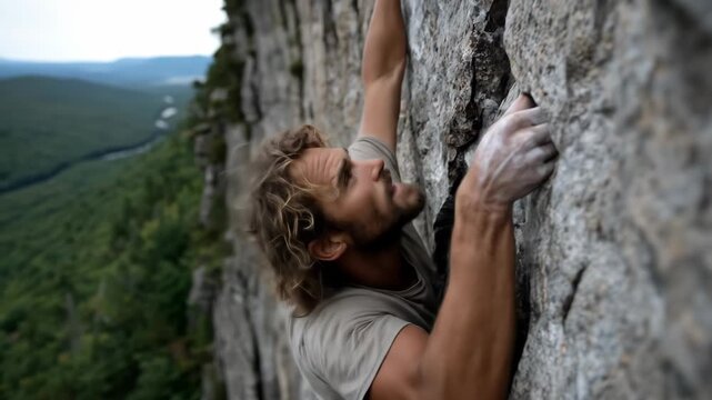 Determined rock climber scaling a steep cliff face