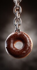Chocolate glazed donut hanging on a chain