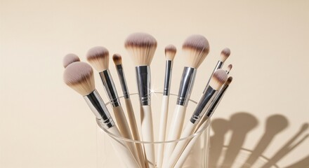 Set of Professional Makeup Brushes in Glass Holder on Beige Background
