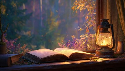 Open book on rustic windowsill, lit by antique lantern, bathed in warm, forest light