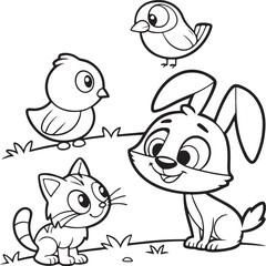 Cute Cartoon Animals Coloring Page Set – Bunny, Cat, Dog, Bear and Bird Line Art for Kids Activities